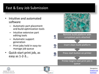 AUTHORIZED RESELLER
Product List
Summary
Navigation:
Fast & Easy Job Submission
• Intuitive and automated
software
– Automatic part placement
and build optimization tools
– Intuitive extensive part
editing tools
– Automatic support
generation
– Print jobs held in easy-to-
manage job queue
• Quick-start print job, as
easy as 1-2-3…
Printer begins next print job in
queue
Press start button on printer
Insert clean build platform
Remove build platform with
completed parts attached
 