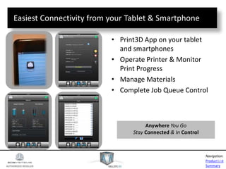 AUTHORIZED RESELLER
Product List
Summary
Navigation:
• Print3D App on your tablet
and smartphones
• Operate Printer & Monitor
Print Progress
• Manage Materials
• Complete Job Queue Control
Easiest Connectivity from your Tablet & Smartphone
60
Anywhere You Go
Stay Connected & In Control
 