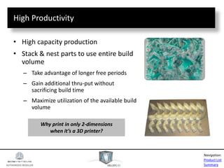 AUTHORIZED RESELLER
Product List
Summary
Navigation:
High Productivity
• High capacity production
• Stack & nest parts to use entire build
volume
– Take advantage of longer free periods
– Gain additional thru-put without
sacrificing build time
– Maximize utilization of the available build
volume
Why print in only 2-dimensions
when it’s a 3D printer?
 