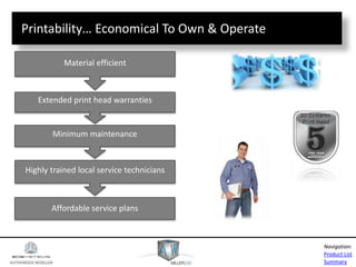 AUTHORIZED RESELLER
Product List
Summary
Navigation:
Affordable service plans
Highly trained local service technicians
Minimum maintenance
Extended print head warranties
Material efficient
Printability… Economical To Own & Operate
 