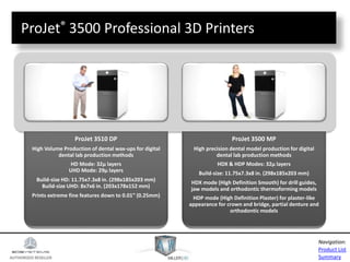 AUTHORIZED RESELLER
Product List
Summary
Navigation:
ProJet® 3500 Professional 3D Printers
ProJet 3510 DP
High Volume Production of dental wax-ups for digital
dental lab production methods
HD Mode: 32μ layers
UHD Mode: 29μ layers
Build-size HD: 11.75x7.3x8 in. (298x185x203 mm)
Build-size UHD: 8x7x6 in. (203x178x152 mm)
Prints extreme fine features down to 0.01” (0.25mm)
ProJet 3500 MP
High precision dental model production for digital
dental lab production methods
HDX & HDP Modes: 32μ layers
Build-size: 11.75x7.3x8 in. (298x185x203 mm)
HDX mode (High Definition Smooth) for drill guides,
jaw models and orthodontic thermoforming models
HDP mode (High Definition Plaster) for plaster-like
appearance for crown and bridge, partial denture and
orthodontic models
 