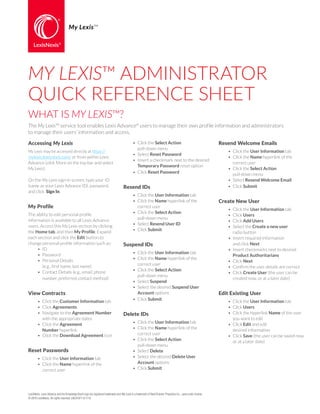 WHAT IS MY LEXIS™?
The My Lexis™ service tool enables Lexis Advance®
users to manage their own profile information and administrators
to manage their users’ information and access.
MY LEXIS™ ADMINISTRATOR
QUICK REFERENCE SHEET
My Lexis™
Accessing My Lexis
My Lexis may be accessed directly at https://
mylexis.lexisnexis.com/ or from within Lexis
Advance (click More on the top bar and select
My Lexis).
On the My Lexis sign-in screen, type your ID
(same as your Lexis Advance ID), password,
and click Sign In.
My Profile
The ability to edit personal profile
information is available to all Lexis Advance
users. Access this My Lexis section by clicking
the Home tab, and then My Profile. Expand
each section and click the Edit button to
change personal profile information such as:
•	 ID
•	 Password
•	 Personal Details
(e.g., first name, last name)
•	 Contact Details (e.g., email, phone
number, preferred contact method)
View Contracts
•	 Click the Customer Information tab
•	 Click Agreements
•	 Navigate to the Agreement Number
with the appropriate dates
•	 Click the Agreement
Number hyperlink
•	 Click the Download Agreement icon
Reset Passwords
•	 Click the User Information tab
•	 Click the Name hyperlink of the
correct user
•	 Click the Select Action
pull-down menu
•	 Select Reset Password
•	 Insert a checkmark next to the desired
Temporary Password reset option
•	 Click Reset Password
Resend IDs
•	 Click the User Information tab
•	 Click the Name hyperlink of the
correct user
•	 Click the Select Action
pull-down menu
•	 Select Resend User ID
•	 Click Submit
Suspend IDs
•	 Click the User Information tab
•	 Click the Name hyperlink of the
correct user
•	 Click the Select Action
pull-down menu
•	 Select Suspend
•	 Select the desired Suspend User
Account options
•	 Click Submit
Delete IDs
•	 Click the User Information tab
•	 Click the Name hyperlink of the
correct user
•	 Click the Select Action
pull-down menu
•	 Select Delete
•	 Select the desired Delete User
Account options
•	 Click Submit
Resend Welcome Emails
•	 Click the User Information tab
•	 Click the Name hyperlink of the
correct user
•	 Click the Select Action
pull-down menu
•	 Select Resend Welcome Email
•	 Click Submit
Create New User
•	 Click the User Information tab
•	 Click Users
•	 Click Add Users
•	 Select the Create a new user
radio button
•	 Insert required information
and click Next
•	 Insert checkmarks next to desired
Product Authoritarians
•	 Click Next
•	 Confirm the user details are correct
•	 Click Create User (the user can be
created now, or at a later date)
Edit Existing User
•	 Click the User Information tab
•	 Click Users
•	 Click the hyperlink Name of the user
you want to edit
•	 Click Edit and edit
desired information
•	 Click Save (the user can be saved now,
or at a later date)
LexisNexis, Lexis Advance and the Knowledge Burst logo are registered trademarks and My Lexis is a trademark of Reed Elsevier Properties Inc., used under license.
© 2015 LexisNexis. All rights reserved. LNL01071-0 1115
 