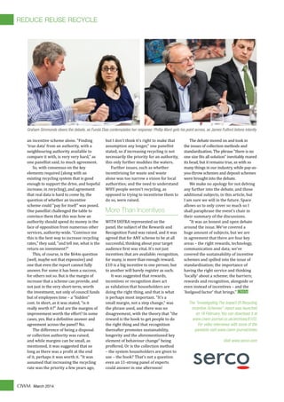 March 2014CIWM
an incentive scheme alone. "Finding
'true data' from an authority, with a
neighbouring authority available to
compare it with, is very very hard," as
one panellist said, to much agreement.
So, with consensus on the key
elements required (along with an
existing recycling system that is good
enough to support the drive, and hopeful
increase, in recycling), and agreement
that real data is hard to come by, the
question of whether an incentive
scheme could "pay for itself" was posed.
One panellist challenged the table to
convince them that this was how an
authority should spend its money in the
face of opposition from numerous other
services, authority-wide. "Convince me
this is the best way to increase recycling
rates," they said, "and tell me, what is the
return on investment?"
This, of course, is the $64m question
(well, maybe not that expensive) and
one that even the report cannot fully
answer. For some it has been a success,
for others not so. But is the margin of
increase that a scheme can provide, and
not just in the very short-term, worth
the investment, not only of council funds
but of employees time – a "hidden"
cost. In short, as it was stated, "is it
really worth it?" And are the margins of
improvement worth the effort? In some
cases, yes. But a de�initive answer and
agreement across the panel? No.
The difference of being a disposal
or collection authority was raised,
and while margins can be small, as
mentioned, it was suggested that so
long as there was a pro�it at the end
of it, perhaps it was worth it. "It was
assumed that increasing the recycling
rate was the priority a few years ago,
but I don't think it's right to make that
assumption any longer," one panellist
stated, so if increasing recycling is not
necessarily the priority for an authority,
this only further muddies the waters.
Further issues, such as whether
incentivising for waste and waste
alone was too narrow a vision for local
authorities; and the need to understand
WHY people weren't recycling, as
opposed to trying to incentivise them to
do so, were raised.
More Than Incentives
WITH DEFRA represented on the
panel, the subject of the Rewards and
Recognition Fund was raised, and it was
agreed that for ANY scheme to be at all
successful, thinking about your target
audience �irst was vital. It's not just
incentives that are available; recognition,
for many, is more than enough reward.
£10 is a big incentive to one person; but
to another will barely register as such.
It was suggested that rewards,
incentives or recognition does act
as validation that householders are
doing the right thing, and that is what
is perhaps most important. "It's a
small margin, not a step change," was
the phrase used, and there was no
disagreement, with the theory that "the
reward is the hook to get people to do
the right thing and that recognition
thereafter promotes sustainability,
longevity and the aforementioned key
element of behaviour change" being
proffered. Or is the collection method
– the system householders are given to
use – the hook? That's not a question
even an 11-strong panel of experts
could answer in one afternoon!
The debate moved on and took in
the issues of collection methods and
standardisation. The phrase "there is no
one size �its all solution" inevitably reared
its head, but it remains true, as with so
many things in our industry, while pay-as-
you-throw schemes and deposit schemes
were brought into the debate.
We make no apology for not delving
any further into the debate, and those
additional subjects, in this article, but
I am sure we will in the future. Space
allows us to only cover so much so I
shall paraphrase the event's chair in
their summary of the discussions.
"It was an honest and open debate
around the issue. We've covered a
huge amount of subjects, but we are
in agreement that there are four key
areas – the right rewards, technology,
communication and data; we've
covered the sustainability of incentive
schemes and spilled into the issue of
standardisation; the importance of
having the right service and thinking
'locally' about a scheme; the barriers;
rewards and recognition, alongside or
even instead of incentives – and the
'feelgood factor' that brings." CIWM
The "Investigating The Impact Of Recycling
Incentive Schemes" report was launched
on 18 February. You can download it at
www.ciwm-journal.co.uk/archives/6103.
For video interviews with some of the
panelists visit www.ciwm-journal/video
Visit www.serco.com
Graham Simmonds steers the debate, as Funda Dias contemplates her response; Phillip Ward gets his point across, as James Fulford listens intently
REDUCE REUSE RECYCLE
 