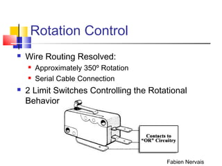 Rotation Control
 Wire Routing Resolved:
 Approximately 350º Rotation
 Serial Cable Connection
 2 Limit Switches Controlling the Rotational
Behavior
Fabien Nervais
 