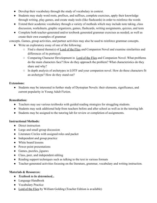 ● Develop their vocabulary through the study of vocabulary in context. 
● Students may study word roots, prefixes, and suffixes, complete exercises, apply their knowledge 
through writing, play games, and create study tools (like flashcards) in order to reinforce the words 
● Extend their academic vocabulary through a variety of methods which may include note taking, class 
discussion, worksheets, graphic organizers, games, flashcards, writing assignments, quizzes, and tests 
● Complete both teacher­generated and/or textbook generated grammar exercises as needed, as well as 
create their own examples of grammar 
concepts. Games, group activities, and partner activities may also be used to reinforce grammar concepts. 
● Write an exploratory essay of one of the following:  
○ Find a shared theme(s) of Lord of the Flies and Companion Novel and examine similarities and 
differences of its portrayal. 
○ Comparing Character Development in  Lord of the Flies and Companion Novel. What problems 
do the main characters face? How do they approach the problem? What characteristics do they 
share and why? 
○ In depth analysis of archetypes in LOTF and your companion novel. How do these characters fit 
an archetype? How do they stand out?  
 
Extensions: 
● Students may be interested in further study of Dystopian Novels: their elements, significance, and 
current popularity in Young Adult Fiction. 
 
Remediation: 
● Teachers may use various textbooks with guided reading strategies for struggling students. 
● Students may seek additional help from teachers before and after school as well as in the tutoring lab. 
● Students may be assigned to the tutoring lab for review or completion of assignments. 
 
Instructional Methods: 
● Direct instruction 
● Large and small group discussion 
● Literature Circles with assigned roles and packet 
● Independent and group practice 
● White board lessons 
● Power point presentations 
● Games, puzzles, jigsaws 
● Class, peer, and independent editing 
● Reading support techniques such as talking to the text in various formats 
● Teacher­generated activities focusing on the literature, grammar, vocabulary and writing instruction. 
 
Materials & Resources: 
● Textbook to be determined... 
● Language Handbook 
● Vocabulary Practice 
● Lord of the Flies by William Golding (Teacher Edition is available) 
 