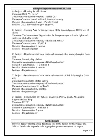 Page 6 of 6
Description of projects at Palestine 2002-2006
A) Project: - Housing for elderliness
Customer: Dept, "Al Hayat"
Contractor:-construction company "Sukkar Co."
The cost of construction:-6 million $, it cost to turnkey.
Duration of construction: 1 year. (Parallel Time)
Position: CEO, Structural designer Engineer.
B) Project: - Training Area for the movement of the disabled people 100 ℅ loss of
vision
Customer: The International Organization for European support for the rights and
protection of disable people
Contractor:-construction company “Khatib and Anbar."
The cost of construction:- 100,000 $
Duration of construction: 4 months.
Position: - Project Engineer
C) Project: - Development of main roads and sub roads of al shujaiyeh region Gaza
strip
Customer: Municipality of Gaza
Contractor:-construction company « Khatib and Anbar."
The cost of construction:- 1. 2 million $
Duration of construction: 8 months.
Position: - Project manager
C) Project: - Development of main roads and sub roads of Bait Lahya region Gaza
strip
Customer: Municipality of Bait Lahya
Contractor:-construction company « Khatib and Anbar."
The cost of construction:- 3.5 million $
Duration of construction: 12 months.
Position: - Project manager
C) Project: - Construction of 7 Schools at Albreij, Deer Al Balah, Al Nusairat
Regions at Gaza Strip
Customer: UNDP
Contractor:-construction company « Khatib and Anbar."
The cost of construction:- 10 million $
Duration of construction: 2 years
Position: - Project manager
DECLARATION
Hereby I declare that the above details are true to the best of my knowledge and
believe. I undertake to produce the appropriate proven documents on request.
 