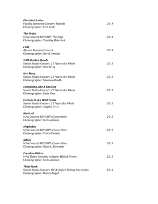 Einstein’s Letter
Faculty Spectrum Concert: Radiate 2014
Choreographer: Erin Reck
The Order
MFA Concert ROYGBIV: The Edge 2014
Choreographer: Timothy Holechek
Fade
Alumni Reunion Concert 2014
Choreographer: David Deveau
With Broken Hands
Senior Studio Concert: 21 Pieces of a Whole 2013
Choreographer: Otis Berry
Her Story
Senior Studio Concert: 21 Pieces of a Whole 2013
Choreographer: Shannon Heath
Something Like A Can Can
Senior Studio Concert: 21 Pieces of a Whole 2013
Choreographer: Paris Kent
Cathedral of a Wild Youth
Senior Studio Concert: 21 Piece of a Whole 2013
Choreographer: Angelic Ortiz
Kindred
MFA Concert ROYGBIV: Connections 2013
Choreographer: Kiera Amison
Mephobia
MFA Concert ROYGBIV: Connections 2013
Choreographer: Travis Prokop
Ndani
MFA Concert ROYGBIV: Connections 2013
Choreographer: Shate L. Edwards
Freedom Riders
MFA Thesis Concert: It Begins With A Dream 2013
Choreographer: Kiera Amison
Their Mark
Senior Studio Concert: B.F.A: Before Falling Into Action 2012
Choreographer: Monet Angell
 