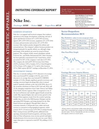 INITIATING COVERAGE REPORT Temple University Investment Association
The Fox Fund
November 10th, 2016
Tyler McMahon: Lead Analyst
Tyler.mcmahon@temple.edu
Andrew Cutrona: Lead Analyst
Andrew.cutrona@temple.edu
Kevin Vo: Associate Analyst
Kevin.vo@temple.edu
Amine Aouom: Associate Analyst
Amine.aouom@temple.edu
COMPANY OVERVIEW
Nike Inc. is an apparel and footwear company that conducts
operations in the design, development, marketing, and sale of
sports and lifestyle footwear (61% of FY 2016 revenue),
apparel (28% of FY 2016 revenue), equipment (5% of FY 2016
revenue), and accessories and services (6% of FY 2016
revenue). Nike markets product designed for athletic and
recreational uses. The company’s athletic footwear products are
designed primarily for specific athletic use, although a large
percentage of the products are worn for casual or leisure
purposes. The company wholly-owned subsidiaries include
Converse Inc., and Hurley International LLC. Nike’s business
has been primarily concentrated in the United States, which
accounted for 42% of the company’s total sales in FY 2016.
The company also derived FY 2015 revenue from China
(10.8%), Germany (3.8%), Canada, (3.6%), United Kingdom
(3.3%), France (2.8%), Japan (2.7%) and in other locations
(31%). NKE reports Q2 2017 earnings on December 27, 2016.
INVESTMENT THESIS
Nike Inc. is currently trading at 19.1% discount to its average
three-year forward P/E multiple of 20.33x, and a 10.5%
discount to its average three-year forward EV/EBITDA
multiple of 15.42x. Despite significant growth in revenues and
earnings, investors began devaluing Nike when it missed
analysts’ quarterly estimates at the end of Q3 2016, due to (1)
the economic slowdown in China in 2015 and early 2016, and
(2) the emerging competition from Under Armour and Adidas
in the North America segment. Nike is recognized as one of
the most well-known and valuable apparel brands around the
world. Nike reported higher sales and revenue growth in the
Greater China segment, in part from the country’s growing
middle class, its role in the 2008 Summer Olympics and the
upcoming 2022 Olympics, and rising demand for the Nike
brand footwear and apparel. Through Nike’s direct-to-
consumer channels, it will provide more online and retail
services to consumers in all geographical segments, which
consists 24.3% of total revenue in FY 2016. Looking forward,
Nike’s strong revenue and EPS growth, additional store
openings, international brand recognition, and rising market
share in China will generate more revenue growth and higher
dividend returns for its investors in the next two years. Nike’s
target share price is expected to reach $57.38, yielding a 13.2%
return.
CONSUMERDISCRETIONALRY:ATHLETICAPPAREL
Nike Inc.
Exchange: NYSE Ticker: NKE Target Price: $57.38
Sector Outperform
Recommendation: BUY
Key Statistics: values in mm except per share
Price $50.69 52 Week Low $49.80
Return 13.2% 52 Week High $68.20
Shares O/S 1.665 Yield 1.25%
Market Cap $85.06 Enterprise Value $81.67
One-Year Price Graph
Earnings/Revenue Surprise History:
Quarters EPS Revenue Δ Price
2Q16 5.20% (1.60)% (2.38)%
3Q16 13.4% (2.10)% (3.79)%
4Q16 2.30% (0.30)% 3.84%
1Q17 30.7% 2.20% (3.78)%
Earnings Projections:
Fiscal
Year
Q1 Q2 Q3 Q4 Total
2015 $0.55 $0.37 $0.45 $0.49 $1.86
2016 $0.67 $0.45 $0.55 $0.49 $2.16
2017 $0.73 $0.43e $0.61e $0.59e $2.37
2018e $0.74 $0.55 $0.72 $0.69 $2.70
All prices current at end of previous trading sessions from date of
report. Data is sourced from local exchanges via FactSet, Bloomberg
and other vendors. The Fox Fund fund does and seeks to do business
with companies covered in its research reports.
 