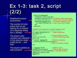 Ex 1-3: task 2, scriptEx 1-3: task 2, script
(2/2)(2/2)
Redefined functionRedefined function
(subroutine)(subroutine)
The ...