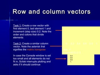 Row and column vectorsRow and column vectors
Task 1: Create a row vector with
first element 0, last element 1 and
incremen...