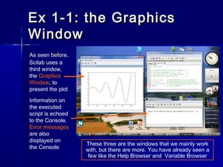 Ex 1-1: the GraphicsEx 1-1: the Graphics
WindowWindow
As seen before,
Scilab uses a
third window,
the Graphics
Window, to
...
