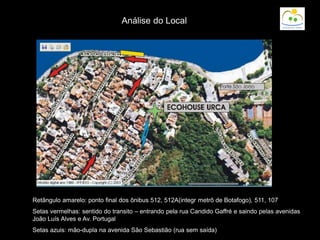 Análise do Local
Retângulo amarelo: ponto final dos ônibus 512, 512A(integr metrô de Botafogo), 511, 107
Setas vermelhas: sentido do transito – entrando pela rua Candido Gaffré e saindo pelas avenidas
João Luís Alves e Av. Portugal
Setas azuis: mão-dupla na avenida São Sebastião (rua sem saída)
 