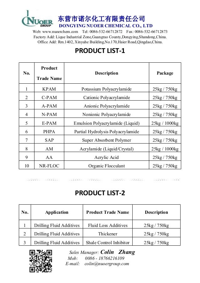 NUOER drilling chemical list