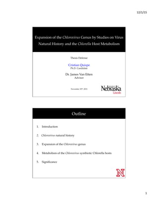 12/1/15	
  
1	
  
Expansion of the Chlorovirus Genus by Studies on Virus
Natural History and the Chlorella Host Metabolism
Thesis Defense
Cristian Quispe
Ph.D. Candidate
Dr. James Van Etten
Advisor
November 30th, 2015
Outline
1.  Introduction
2.  Chlorovirus natural history
3.  Expansion of the Chlorovirus genus
4.  Metabolism of the Chlorovirus symbiotic Chlorella hosts
5.  Significance
	
  
 