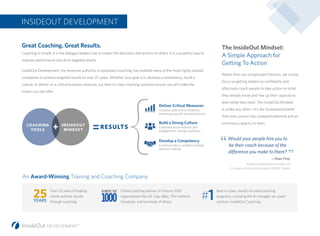 INSIDEOUT DEVELOPMENT
Great Coaching. Great Results.
Coaching is simple; it is the dialogue leaders use to impact the decisions and actions of others. It is a powerful way to
improve performance and drive targeted results.
InsideOut Development, the foremost authority in workplace coaching, has enabled many of the most highly praised
companies to achieve targeted results for over 25 years. Whether your goal is to develop a competency, build a
culture, or deliver on a critical business measure, our best-in-class coaching solutions ensure you will make the
impact you are after.
—Alan Fine
InsideOut Development Founder and
Co-creator of the world-renowned GROW® Model
Global coaching partner of Fortune 1000
organizations like GE, Gap, eBay, The Hartford,
Goodyear, and hundreds of others.
Over 25 years of helping
clients achieve results
through coaching.YEARS
Best-in-class, results-focused coaching
programs, including the #1 manager-as-coach
solution, InsideOut Coaching.
1#
An Award-Winning Training and Coaching Company
RESULTSINSIDEOUT
MINDSET
COACHING
TOOLS + =
Deliver Critical Measures
Increase sales and profitability,
accelerate growth and productivity
Build a Strong Culture
Employee accountability and
engagement, change readiness
Develop a Competency
Communication, problem solving,
decision making 	
Rather than use complicated theories, we simply
focus on getting leaders to confidently and
effectively coach people to take action on what
they already know and free up their capacity to
learn what they need. The InsideOut Mindset
is unlike any other—it’s the fundamental belief
that every person has untapped potential and an
enormous capacity to learn.	
The InsideOut Mindset:
A Simple Approach for
Getting To Action
Would your people hire you to
be their coach because of the
difference you make to them?
“
”
 