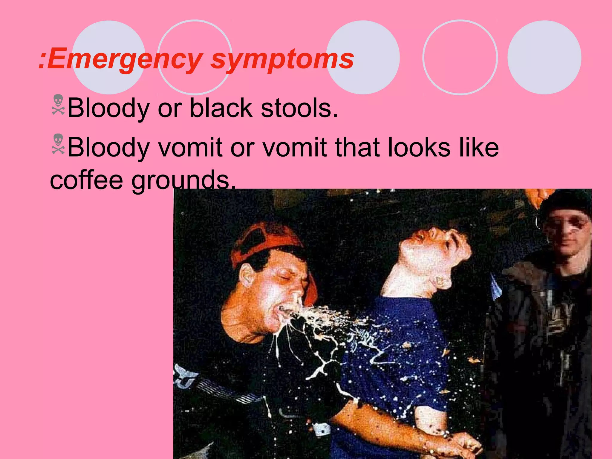 Emergency symptoms:
Bloody or black stools.
Bloody vomit or vomit that looks like
coffee grounds.
 