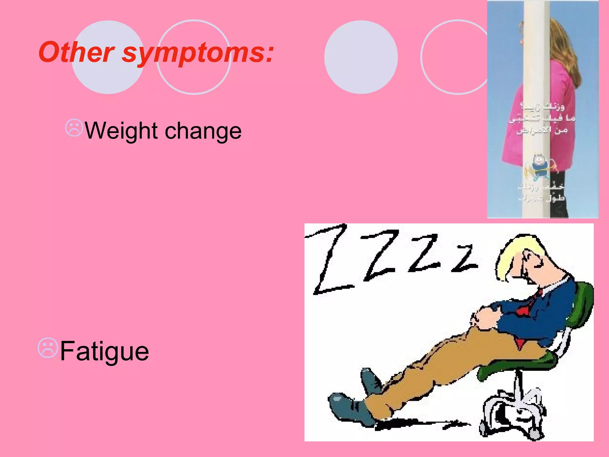 Other symptoms:
Weight change
Fatigue
 