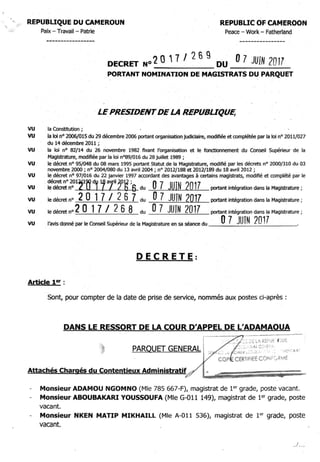 Paul Biya - Président du Cameroun - Décret N°2017/269 du 7 juin 2017 portant nomination de Magistrats du Parquet