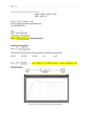 3 | P a g e
Figure 2 Simulink graph forthemechanicalsystem
Mechanical Spring Mass Damper System
𝒎𝒙̈ ( 𝒕) + 𝒃𝒙̇ ( 𝒕) + 𝒌𝒙( 𝒕) = 𝑭( 𝒕)
𝒙( 𝟎) = 𝒙̇ ( 𝟎) = 𝟎
2𝑥̈( 𝑡) + 12𝑥̇( 𝑡) + 50𝑥( 𝑡) = 𝐹( 𝑡)
2[s2
X(s)-sx(0)-x’(0)]+12[sX(s)-x(0)]+50X(s)=F(s)
[2s2
+12s+50]X(s)=F(s)
𝑋(𝑠)
𝐹(𝑠)
=
1
2𝑠2 + 12s + 50
assume F(s) = unitstep(1/s)
𝑿( 𝒔) = (
𝟏
𝒔
)(
𝟏
𝟐𝒔 𝟐+𝟏𝟐𝒔+𝟓𝟎
) (TransferFunction)
Partial Fraction Expansion
𝑋( 𝑠) =
𝐴
𝑠
+
𝐵𝑠 + 𝐶
2𝑠2 + 12𝑠 + 50
Thisrepresentsaunitstepsummedwitha generic oscillatory decay function.
A=0.02 B=-0.02 C=-0.12 a=3 ωd=4
𝑋( 𝑠) =
0.02
𝑠
−
0.02𝑠+0.12
2( 𝑠+3)2+16
𝑥( 𝑡) = [0.02 + 𝑒−3𝑡(−0.02 ∗ 𝑐𝑜𝑠(4𝑡) − 0.015 ∗ 𝑠𝑖𝑛(4𝑡))] ∗ 𝑢(𝑡)
SimulinkSolution
 