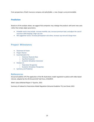 23
From perspectives of both insurance company and policyholder, a new chargeis unrecommendable.
Prediction
Based on all the analyses above, we suggest that companies may redesign the products with some new costs
rather than simply adjust parameters.
 Probable tactics may include: increase monthly cost, increase premium load, and adjust the cost of
insurance while keeping a high cap rate
 Not suggestive tactics: increase participation rate alone, increase cap rateand chargemore
Project Milestones
 Statement of Intent
 Project Charter
 Excel Calculator for:
o Historical Illustrate Rate
o Cap RateConverter
o Economic Simulation Generator
 Analysis on:
o Illustration Perspective
o Economic Simulation Perspective
 Summary and Prediction
References
Actuarial Guideline [YY] The application of the life illustrations model regulation to polices with index-based
interest, adopted by the Life Actuarial (A) Task Force, 4/16/2015
Wink’s Sales & Market Report 1st Quarter, 2015
Summary of Indexed UL Illustrations Model Regulation (Actuarial Guideline YY), Lion Street, 2015
 