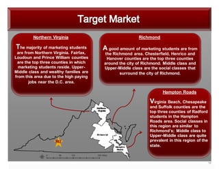 10
Hampton Roads
RichmondNorthern Virginia
The majority of marketing students
are from Northern Virginia. Fairfax,
Loudoun and Prince William counties
are the top three counties in which
marketing students reside. Upper-
Middle class and wealthy families are
from this area due to the high paying
jobs near the D.C. area.
A good amount of marketing students are from
the Richmond area. Chesterfield, Henrico and
Hanover counties are the top three counties
around the city of Richmond. Middle class and
Upper-Middle class are the social classes that
surround the city of Richmond.
Virginia Beach, Chesapeake
and Suffolk counties are the
top three counties of Radford
students in the Hampton
Roads area. Social classes in
this region are similar to
Richmond’s; Middle class to
Upper-Middle class are quite
prevalent in this region of the
state.
 