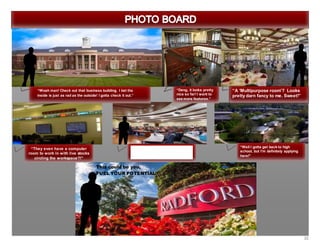 22
“Woah man! Check out that business building. I bet the
inside is just as rad as the outside! I gotta check it out.”
“Dang, it looks pretty
nice so far! I want to
see more features.”
“A ‘Multipurpose room’? Looks
pretty darn fancy to me. Sweet!”
“They even have a computer
room to work in with live stocks
circling the workspace?!”
“Woah dude, check out how nice
the classrooms are! I could see
myself in that chair.”
“Well I gotta get back to high
school, but I’m definitely applying
here!”
This could be you,
FUEL YOUR POTENTIAL
 