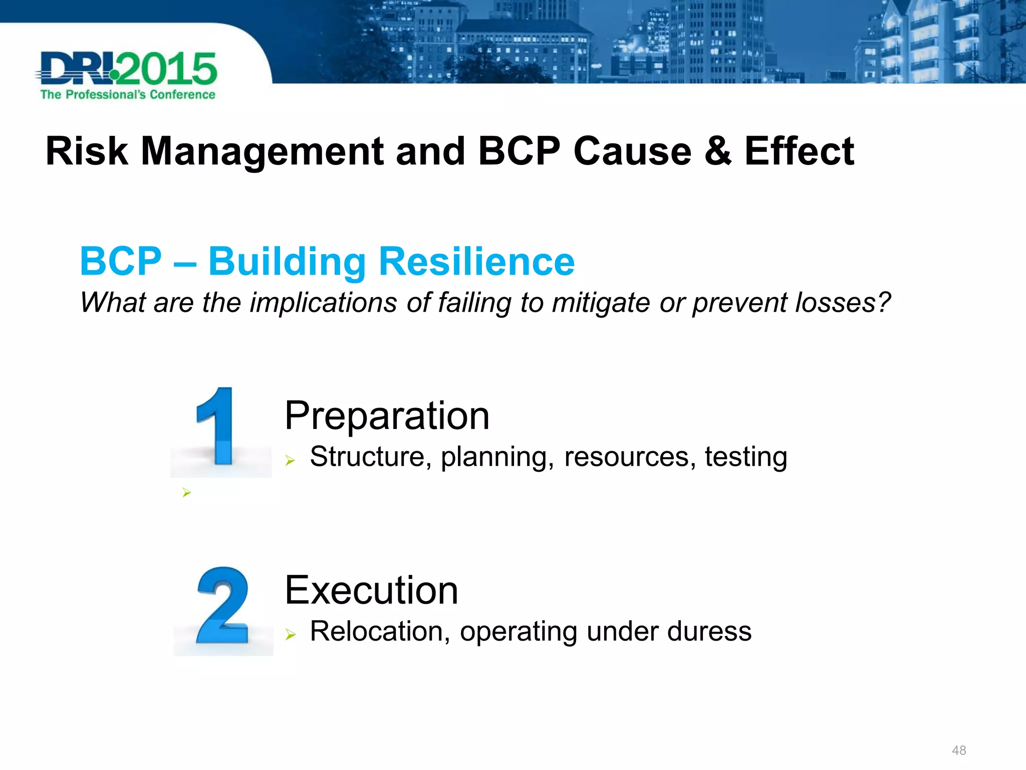 Risk Management and BCP Cause & Effect
BCP – Building Resilience
What are the implications of failing to mitigate or prevent losses?
Preparation
 Structure, planning, resources, testing

Execution
 Relocation, operating under duress
48
 