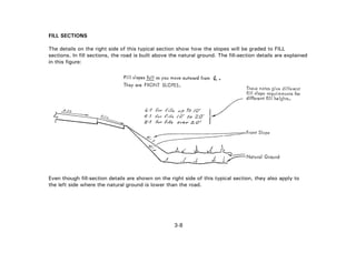 3-8
FILL SECTIONS
The details on the right side of this typical section show how the slopes will be graded to FILL
sections. In fill sections, the road is built above the natural ground. The fill-section details are explained
in this figure:
Even though fill-section details are shown on the right side of this typical section, they also apply to
the left side where the natural ground is lower than the road.
 