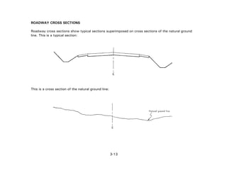 3-13
ROADWAY CROSS SECTIONS
Roadway cross sections show typical sections superimposed on cross sections of the natural ground
line. This is a typical section:
This is a cross section of the natural ground line:
 