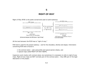5
RIGHT-OF-WAY
Right of Way (R/W) is the public-owned land used to build roadways.
All the land between the R/W lines is "right of way."
R/W land is used for the paved roadway -- and for the shoulders, ditches and slopes. Information
concerning R/W land is found in:
the contract plans -- plan and profile and typical section sheets, and
special maps called RIGHT-OF-WAY MAPS.
Inspectors work mostly with contract plans, but sometimes it is necessary to refer to right-of-way
maps. Right-of-way maps are NOT normally part of the contract plans -- they ARE part of the legal
description of the project.
5-2
 