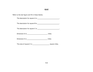 5-8
QUIZ
Refer to the last figure and fill in these blanks:
The description for square A is _______________________________.
The description for square B is _______________________________.
The description for square C is _______________________________.
Dimension D is _____________________________ miles.
Dimension E is _____________________________ miles.
The area of square C is ________________________ square miles.
 