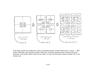 Land areas usually are measured in acres. A standard section contains 640 acres (1 sq.mi. = 640
acres). Generally, each quarter contains 160 acres, and each quarter-quarter contains 40 acres.
However, since some section lines are not exact, or may not have been exactly marked, this is not
always true.
5-10
 