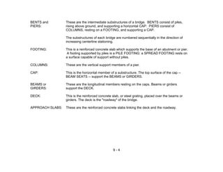 9 - 4
BENTS and These are the intermediate substructures of a bridge. BENTS consist of piles,
PIERS: rising above ground, and supporting a horizontal CAP: PIERS consist of
COLUMNS, resting on a FOOTING, and supporting a CAP.
The substructures of each bridge are numbered sequentially in the direction of
increasing centerline stationing.
FOOTING: This is a reinforced concrete slab which supports the base of an abutment or pier.
A footing supported by piles is a PILE FOOTING: a SPREAD FOOTING rests on
a surface capable of support without piles.
COLUMNS: These are the vertical support members of a pier.
CAP: This is the horizontal member of a substructure. The top surface of the cap --
BEAM SEATS -- support the BEAMS or GIRDERS.
BEAMS or These are the longitudinal members resting on the caps. Beams or girders
GIRDERS: support the DECK.
DECK: This is the reinforced concrete slab, or steel grating, placed over the beams or
girders. The deck is the "roadway" of the bridge.
APPROACH SLABS: These are the reinforced concrete slabs linking the deck and the roadway.
 
