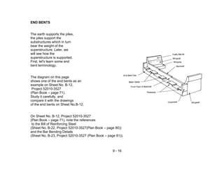 9 - 16
END BENTS
The earth supports the piles,
the piles support the
substructures which in turn
bear the weight of the
superstructure. Later, we
will see how the
superstructure is supported.
First, let's learn some end
bent terminology.
The diagram on this page
shows one of the end bents as an
example on Sheet No. B-12,
Project 52010-3527
(Plan Book – page 71).
Study it carefully, and
compare it with the drawings
of the end bents on Sheet No.B-12.
On Sheet No. B-12, Project 52010-3527
(Plan Book – page 71), note the references
to the Bill of Reinforcing Steel
(Sheet No. B-22, Project 52010-3527(Plan Book – page 80))
and the Bar Bending Details
(Sheet No. B-23, Project 52010-3527 (Plan Book – page 81)).
 