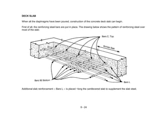 9 - 24
DECK SLAB
When all the diaphragms have been poured, construction of the concrete deck slab can begin.
First of all, the reinforcing steel bars are put in place. The drawing below shows the pattern of reinforcing steel over
most of the slab:
Additional slab reinforcement -- Bars L -- is placed ~long the cantilevered slab to supplement the slab steel.
 