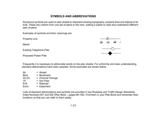 SYMBOLS AND ABBREVIATIONS
Numerous symbols are used on plan sheets to represent existing topography, property lines and objects to be
built. These are uniform from one set of plans to the next, making it easier to read and understand different
sets of plans.
Examples of symbols and their meanings are:
Property Line
Marsh
Existing Telephone Pole
Proposed Power Pole
Frequently it is necessary to abbreviate words on the plan sheets. For uniformity and clear understanding,
standard abbreviations have been adopted. Some examples are shown below:
Ah. = Ahead
Blvd. = Boulevard
Ch.Ch. = Channel Change
I.P. = Iron Pipe
R.R. = Railroad
Esmt. = Easement
Lists of standard abbreviations and symbols are provided in two Roadway and Traffic Design Standards,
Index Numbers 001 and 002 (Plan Book – pages 96-100). Find them in your Plan Book and remember their
locations so that you can refer to them easily.
1-22
 