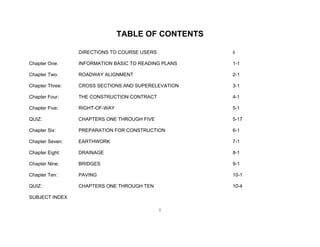 i
TABLE OF CONTENTS
DIRECTIONS TO COURSE USERS ii
Chapter One: INFORMATION BASIC TO READING PLANS 1-1
Chapter Two: ROADWAY ALIGNMENT 2-1
Chapter Three: CROSS SECTIONS AND SUPERELEVATION 3-1
Chapter Four: THE CONSTRUCTION CONTRACT 4-1
Chapter Five: RIGHT-OF-WAY 5-1
QUIZ: CHAPTERS ONE THROUGH FIVE 5-17
Chapter Six: PREPARATION FOR CONSTRUCTION 6-1
Chapter Seven: EARTHWORK 7-1
Chapter Eight: DRAINAGE 8-1
Chapter Nine: BRIDGES 9-1
Chapter Ten: PAVING 10-1
QUIZ: CHAPTERS ONE THROUGH TEN 10-4
SUBJECT INDEX
 