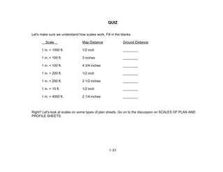 1-31
QUIZ
Let's make sure we understand how scales work. Fill in the blanks.
Scale Map Distance Ground Distance
1 in. = 1000 ft. 1/2 inch ________
1 in. = 100 ft. 3 inches ________
1 in. = 100 ft. 4 3/4 inches ________
1 in. = 200 ft. 1/2 inch ________
1 in. = 200 ft. 2 1/2 inches ________
1 in. = 10 ft. 1/2 inch ________
1 in. = 4000 ft. 2 1/4 inches ________
Right? Let's look at scales on some types of plan sheets. Go on to the discussion on SCALES OF PLAN AND
PROFILE SHEETS.
 