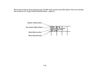Bench mark notes are shown along the top of profile views on plan and profile sheets. Here is an example
from Sheet No. 20, Project 79040-3544(Plan Book – page 47).
1-36
 
