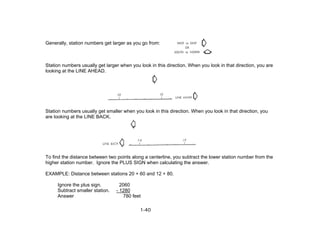 Generally, station numbers get larger as you go from:
Station numbers usually get larger when you look in this direction. When you look in that direction, you are
looking at the LINE AHEAD.
Station numbers usually get smaller when you look in this direction. When you look in that direction, you
are looking at the LINE BACK.
To find the distance between two points along a centerline, you subtract the lower station number from the
higher station number. Ignore the PLUS SIGN when calculating the answer.
EXAMPLE: Distance between stations 20 + 60 and 12 + 80.
Ignore the plus sign. 2060
Subtract smaller station. - 1280
Answer 780 feet
1-40
 
