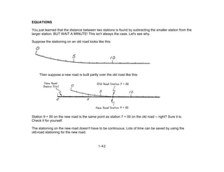 EQUATIONS
You just learned that the distance between two stations is found by subtracting the smaller station from the
larger station. BUT WAIT A MINUTE! This isn't always the case. Let's see why.
Suppose the stationing on an old road looks like this:
Then suppose a new road is built partly over the old road like this:
Station 9 + 00 on the new road is the same point as station 7 + 00 on the old road -- right? Sure it is.
Check it for yourself.
The stationing on the new road doesn't have to be continuous. Lots of time can be saved by using the
old-road stationing for the new road.
1-42
 