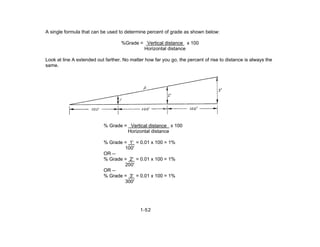 A single formula that can be used to determine percent of grade as shown below:
%Grade = Vertical distance x 100
Horizontal distance
Look at line A extended out farther. No matter how far you go, the percent of rise to distance is always the
same.
% Grade = Vertical distance x 100
Horizontal distance
% Grade = 1' = 0.01 x 100 = 1%
100'
OR --
% Grade = 2' = 0.01 x 100 = 1%
200'
OR --
% Grade = 3' = 0.01 x 100 = 1%
300'
1-52
 