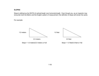 SLOPES
Slope is defined as the RATIO of vertical length over horizontal length. Even though you, as an inspector may
encounter both the Metric and the English system of measurement, the definition of slope will remain the same.
For example:
1.0 meters 1.0 feet
2.0 meters 2.0 feet
Slope = 1.0 meters/2.0 meters or 1:2 Slope = 1.0 feet/2.0 feet or 1:2
1-55
 
