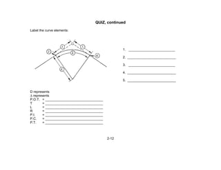 2-12
QUIZ, continued
Label the curve elements:
1. _________________________
2. __________________________
3. _________________________
4. __________________________
5. __________________________
D represents
Δ represents
P.O.T. = _______________________________
T = _______________________________
L = _______________________________
R = _______________________________
P.I. = _______________________________
P.C. = _______________________________
P.T. = _______________________________
 