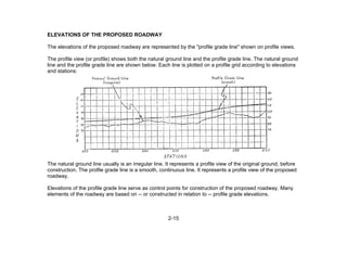 2-15
ELEVATIONS OF THE PROPOSED ROADWAY
The elevations of the proposed roadway are represented by the "profile grade line" shown on profile views.
The profile view (or profile) shows both the natural ground line and the profile grade line. The natural ground
line and the profile grade line are shown below. Each line is plotted on a profile grid according to elevations
and stations:
The natural ground line usually is an irregular line. It represents a profile view of the original ground, before
construction. The profile grade line is a smooth, continuous line. It represents a profile view of the proposed
roadway.
Elevations of the profile grade line serve as control points for construction of the proposed roadway. Many
elements of the roadway are based on -- or constructed in relation to -- profile grade elevations.
 