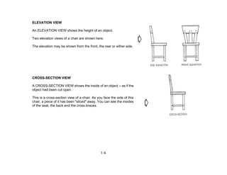 ELEVATION VIEW
An ELEVATION VIEW shows the height of an object.
Two elevation views of a chair are shown here.
The elevation may be shown from the front, the rear or either side.
CROSS-SECTION VIEW
A CROSS-SECTION VIEW shows the inside of an object -- as if the
object had been cut open.
This is a cross-section view of a chair. As you face the side of this
chair, a piece of it has been "sliced" away. You can see the insides
of the seat, the back and the cross braces.
1-4
 