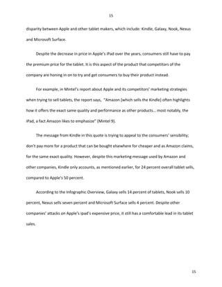 disparity between Apple and other tablet makers, which include: Kindle, Galaxy, Nook, Nexus
and Microsoft Surface.
Despite the decrease in price in Apple’s iPad over the years, consumers still have to pay
the premium price for the tablet. It is this aspect of the product that competitors of the
company are honing in on to try and get consumers to buy their product instead.
For example, in Mintel’s report about Apple and its competitors’ marketing strategies
when trying to sell tablets, the report says, “Amazon [which sells the Kindle] often highlights
how it offers the exact same quality and performance as other products… most notably, the
iPad, a fact Amazon likes to emphasize” (Mintel 9).
The message from Kindle in this quote is trying to appeal to the consumers’ sensibility;
don’t pay more for a product that can be bought elsewhere for cheaper and as Amazon claims,
for the same exact quality. However, despite this marketing message used by Amazon and
other companies, Kindle only accounts, as mentioned earlier, for 24 percent overall tablet sells,
compared to Apple’s 50 percent.
According to the Infographic Overview, Galaxy sells 14 percent of tablets, Nook sells 10
percent, Nexus sells seven percent and Microsoft Surface sells 4 percent. Despite other
companies’ attacks on Apple’s ipad’s expensive price, it still has a comfortable lead in its tablet
sales.
15
15
 
