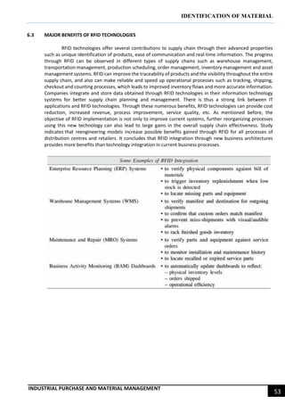 IDENTIFICATION OF MATERIAL
INDUSTRIAL PURCHASE AND MATERIAL MANAGEMENT
53
6.3 MAJOR BENEFITS OF RFID TECHNOLOGIES
RFID technologies offer several contributions to supply chain through their advanced properties
such as unique identification of products, ease of communication and real-time information. The progress
through RFID can be observed in different types of supply chains such as warehouse management,
transportation management, production scheduling, order management, inventory management and asset
management systems. RFID can improve the traceability of products and the visibility throughout the entire
supply chain, and also can make reliable and speed up operational processes such as tracking, shipping,
checkout and counting processes, which leads to improved inventory flows and more accurate information.
Companies integrate and store data obtained through RFID technologies in their information technology
systems for better supply chain planning and management. There is thus a strong link between IT
applications and RFID technologies. Through these numerous benefits, RFID technologies can provide cost
reduction, increased revenue, process improvement, service quality, etc. As mentioned before, the
objective of RFID implementation is not only to improve current systems, further reorganizing processes
using this new technology can also lead to large gains in the overall supply chain effectiveness. Study
indicates that reengineering models increase possible benefits gained through RFID for all processes of
distribution centres and retailers. It concludes that RFID integration through new business architectures
provides more benefits than technology integration in current business processes.
 