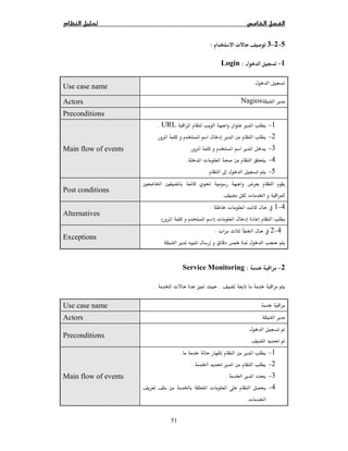 51
5−2−3ª:
1−:Login
Use case name
NagiosActors
Preconditions
1−URL.
2−  .
3−  .
4− ª .
5−ħ.
Main flow of events
 Ĝ ­Ħ Ġ Ħ
ª Ġ.
Post conditions
4−1ª  :
ª ) (
Alternatives
4−2ª Ġ :
  
Exceptions
2−:Service Monitoring
.ª Ī.
Use case name
Actors
Ë
 Ĝ Ë
Preconditions
1−.
2−Ġ Ĝ .
3−Ġ  Ģ.
4−Ġ  ª  Ģ
ª Ġ.
Main flow of events
 