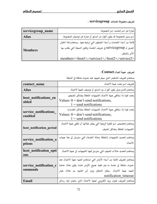 72
ª ġservicegroup:
Óservicegroup_name
.Alias
ª Ġ Ú ÚĦĠ 
servicegroup Ġ 
:
members=host1,service1,host2,service2
Members
Contact:
.
Ģcontact_name
ĞAlias
ĢĦ  Ĩ  ª
Values: 0 = don’t send notifications,
1 = send notifications
host_notifications_en
abled
Ģª Ġ Ĩ  ª
Values: 0 = don’t send notifications,
1 = send notifications
service_notifications_
enabled
Ø ī 
 Ĩ  ªhost_notification_period
ª)ę Ġ(ª ħ Ø 
service_notification_o
ptions
 ªħ ª Ø host_notification_opti
ons
Ú
 ¯
ī
notification_timeout
service_notification_c
ommands
ØĞEmail
 